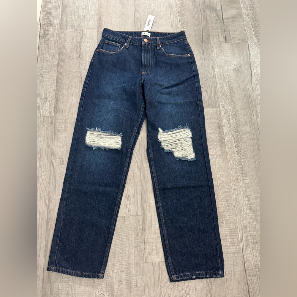 Dark Blue Distressed Straight Leg Jeans